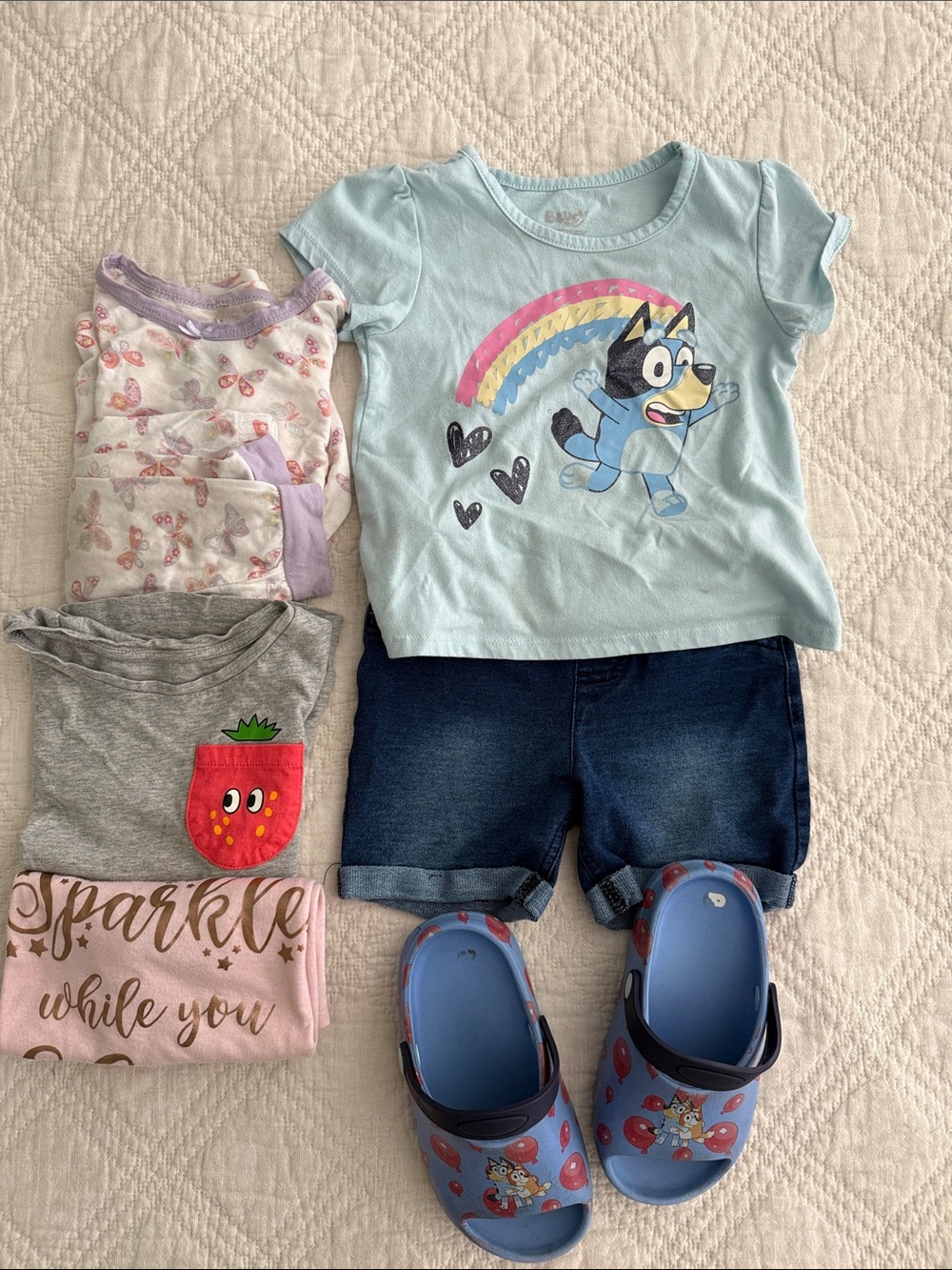 Bluey outfit with sandals girl 3T Denim Shorts and Too Set 6 pc sandals 8/9T